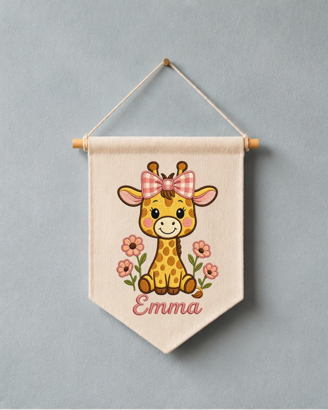 Personalized Giraffe Nursery Wall Hanging, Custom Name Embroidered Banner, Floral Baby Girl Room Decor, Safari Nursery Gift