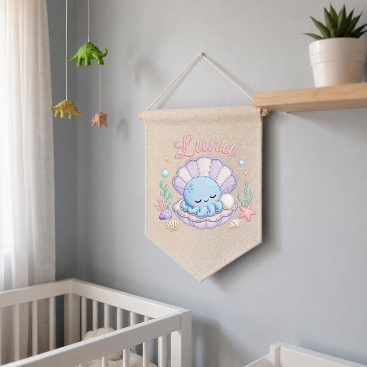 Personalized Under Sea Nursery Banner, Embroidered Name Canvas Wall Hanging, Octopus Shell Art