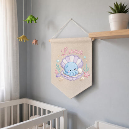 Personalized Under Sea Nursery Banner, Embroidered Name Canvas Wall Hanging, Octopus Shell Art