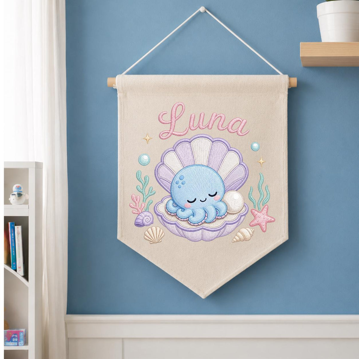 Personalized Under Sea Nursery Banner, Embroidered Name Canvas Wall Hanging, Octopus Shell Art