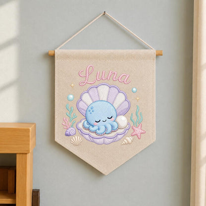 Personalized Under Sea Nursery Banner, Embroidered Name Canvas Wall Hanging, Octopus Shell Art