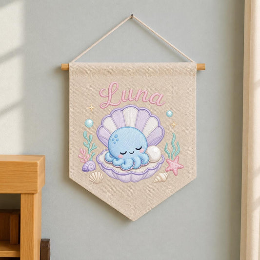 Personalized Under Sea Nursery Banner, Embroidered Name Canvas Wall Hanging, Octopus Shell Art