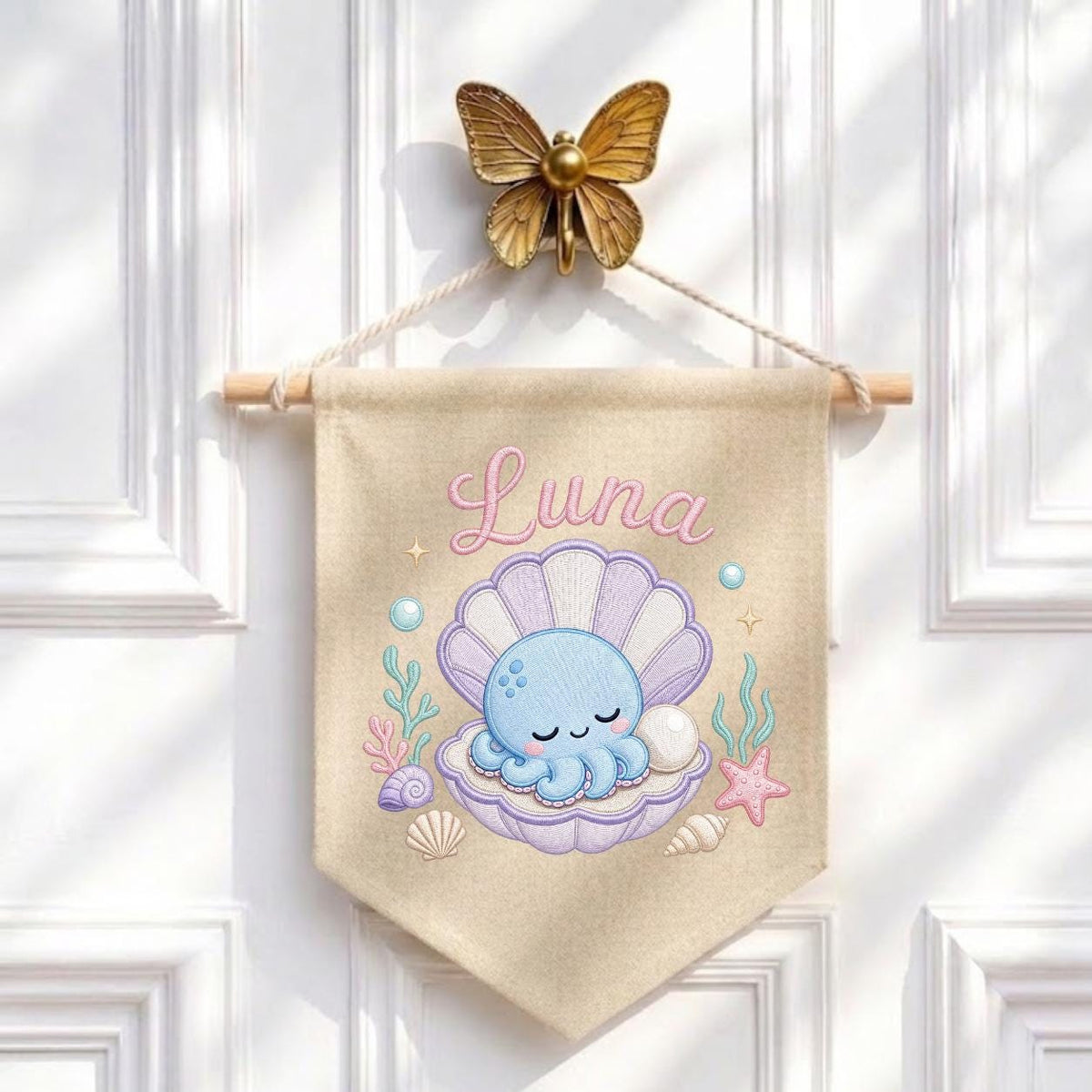 Personalized Under Sea Nursery Banner, Embroidered Name Canvas Wall Hanging, Octopus Shell Art