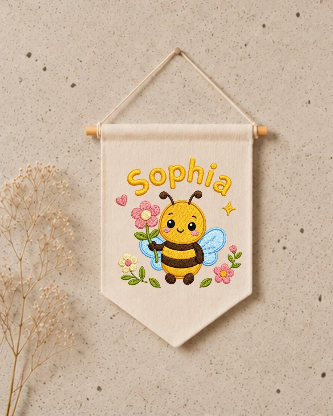 Personalized Bee Nursery Wall Hanging, Custom Name Embroidered Banner, Floral Baby Girl Room Decor, Bumble Bee Nursery Gift