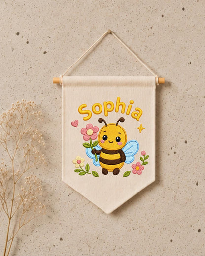 Personalized Bee Nursery Wall Hanging, Custom Name Embroidered Banner, Floral Baby Girl Room Decor, Bumble Bee Nursery Gift