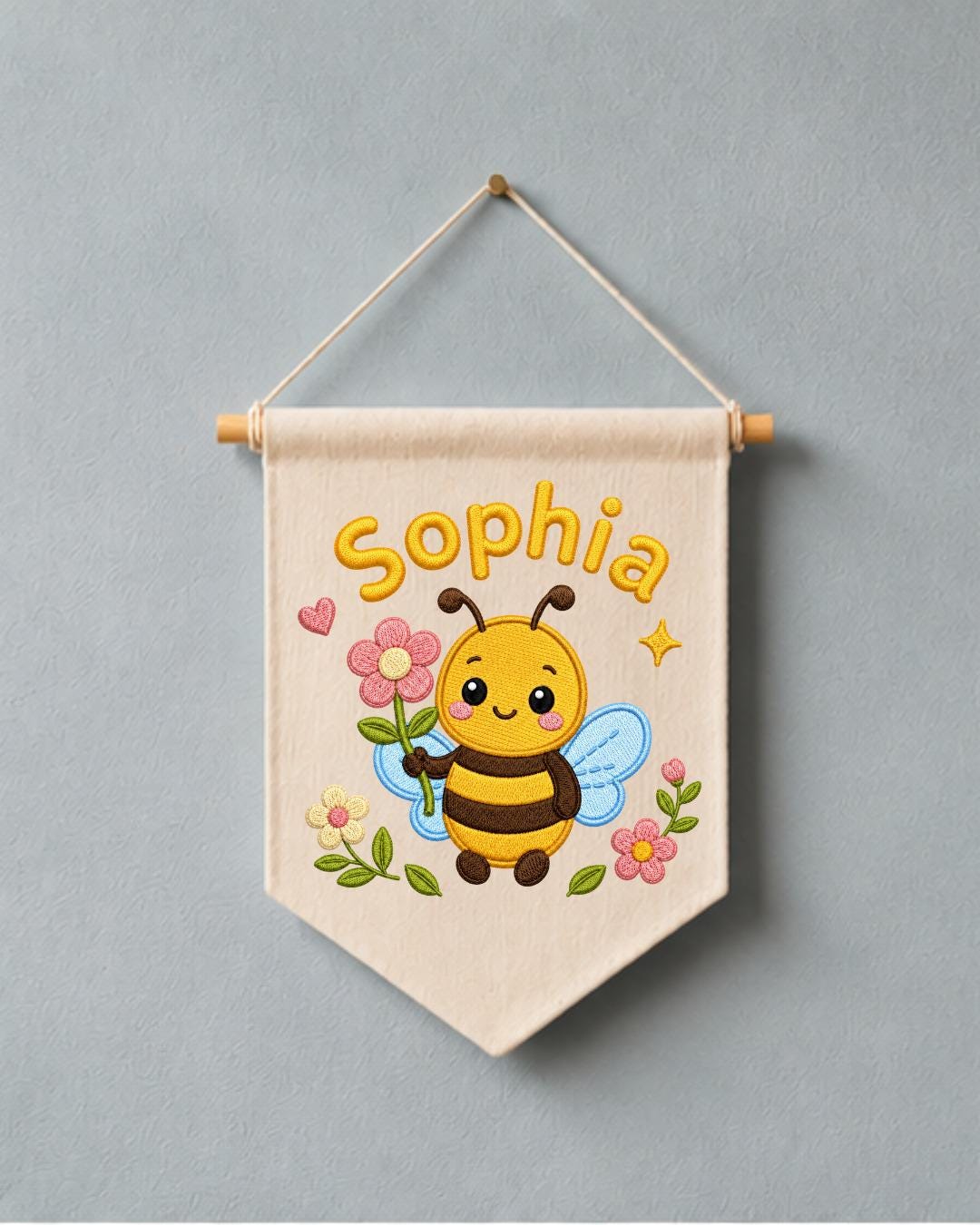 Personalized Bee Nursery Wall Hanging, Custom Name Embroidered Banner, Floral Baby Girl Room Decor, Bumble Bee Nursery Gift