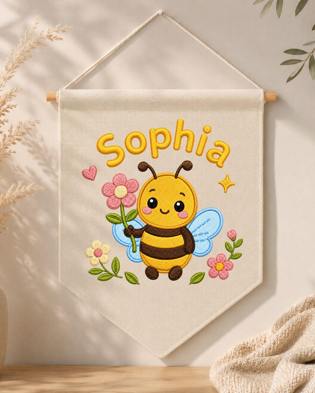 Personalized Bee Nursery Wall Hanging, Custom Name Embroidered Banner, Floral Baby Girl Room Decor, Bumble Bee Nursery Gift