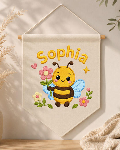 Personalized Bee Nursery Wall Hanging, Custom Name Embroidered Banner, Floral Baby Girl Room Decor, Bumble Bee Nursery Gift