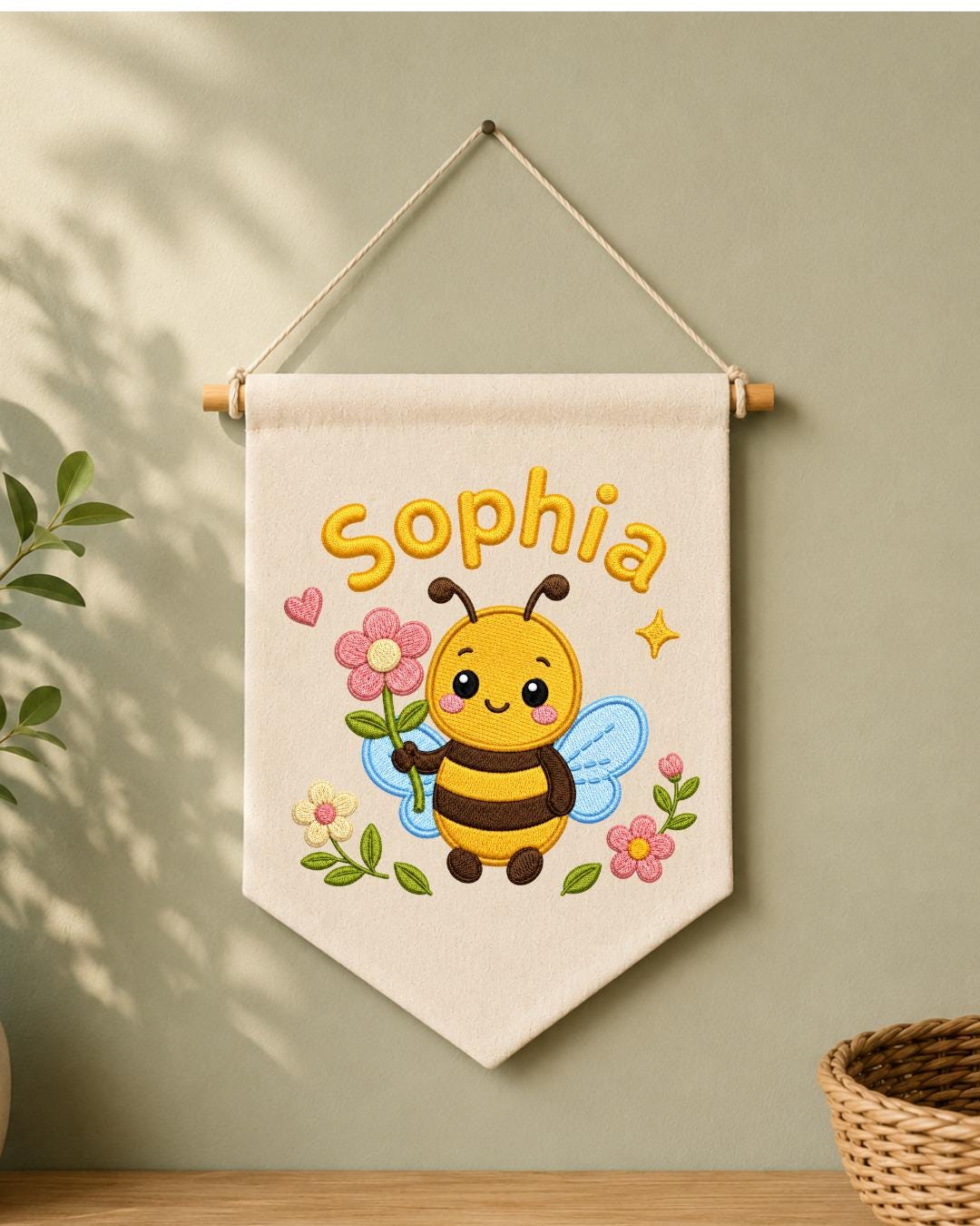 Personalized Bee Nursery Wall Hanging, Custom Name Embroidered Banner, Floral Baby Girl Room Decor, Bumble Bee Nursery Gift