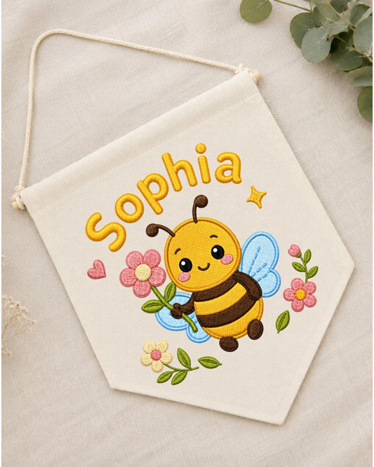Personalized Bee Nursery Wall Hanging, Custom Name Embroidered Banner, Floral Baby Girl Room Decor, Bumble Bee Nursery Gift