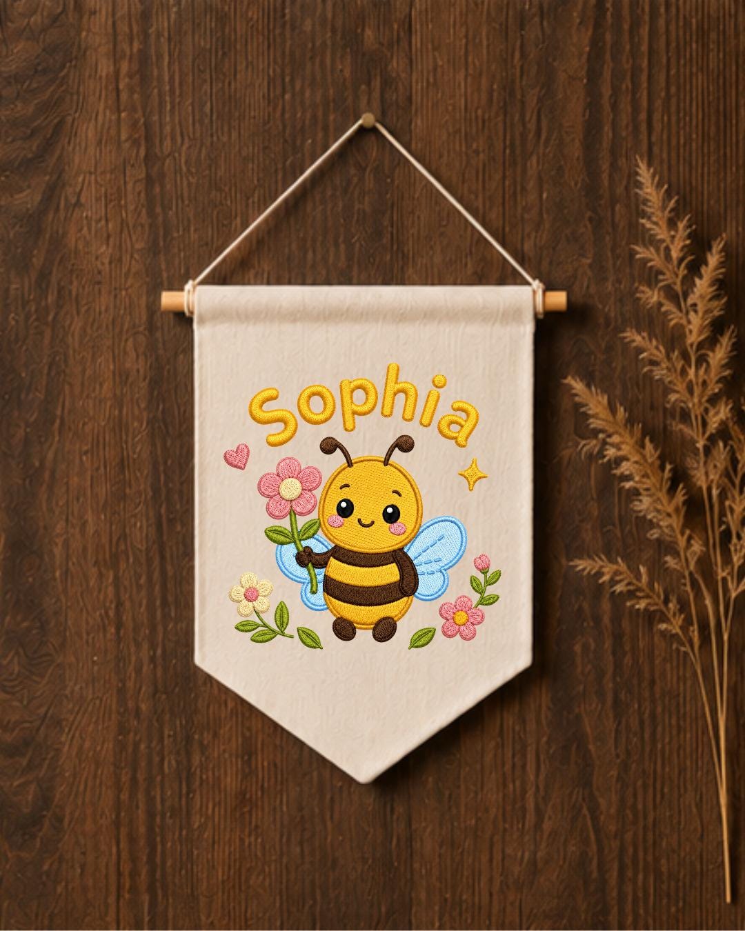 Personalized Bee Nursery Wall Hanging, Custom Name Embroidered Banner, Floral Baby Girl Room Decor, Bumble Bee Nursery Gift