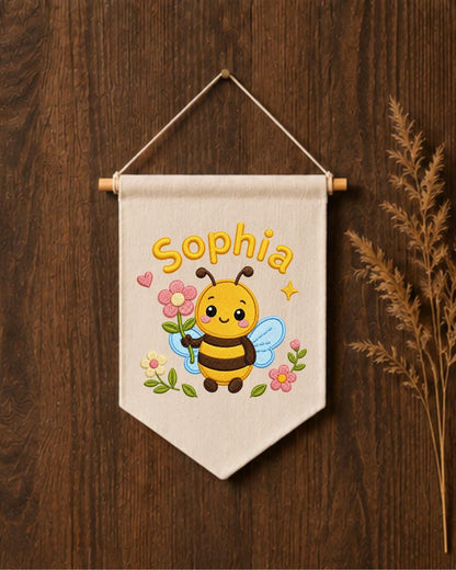 Personalized Bee Nursery Wall Hanging, Custom Name Embroidered Banner, Floral Baby Girl Room Decor, Bumble Bee Nursery Gift