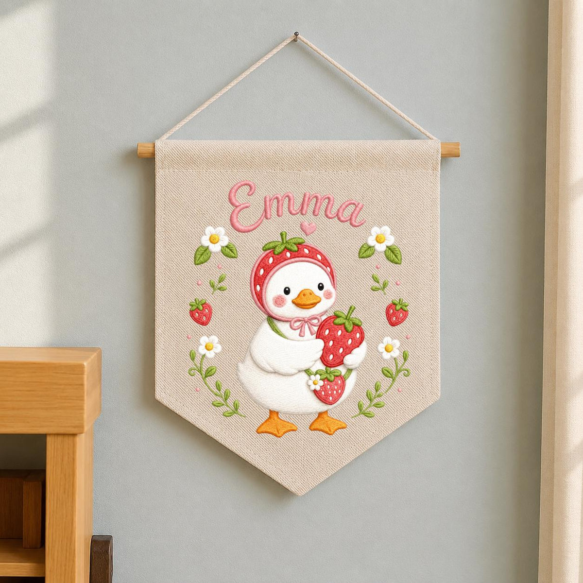 Personalized Strawberry Duck Embroidered Banner, Custom Name Nursery Wall Hanging