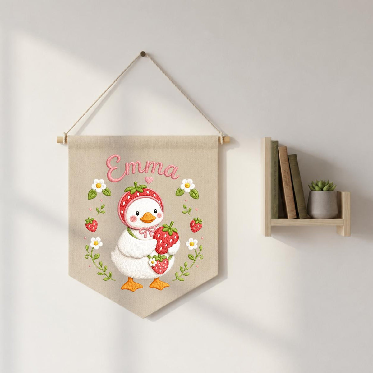 Personalized Strawberry Duck Embroidered Banner, Custom Name Nursery Wall Hanging