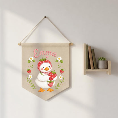 Personalized Strawberry Duck Embroidered Banner, Custom Name Nursery Wall Hanging