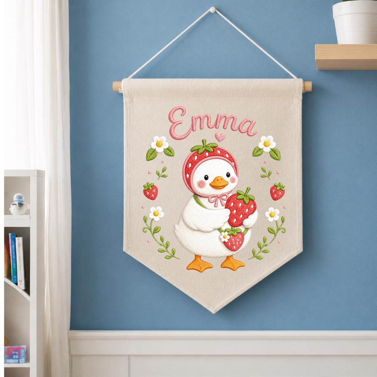 Personalized Strawberry Duck Embroidered Banner, Custom Name Nursery Wall Hanging