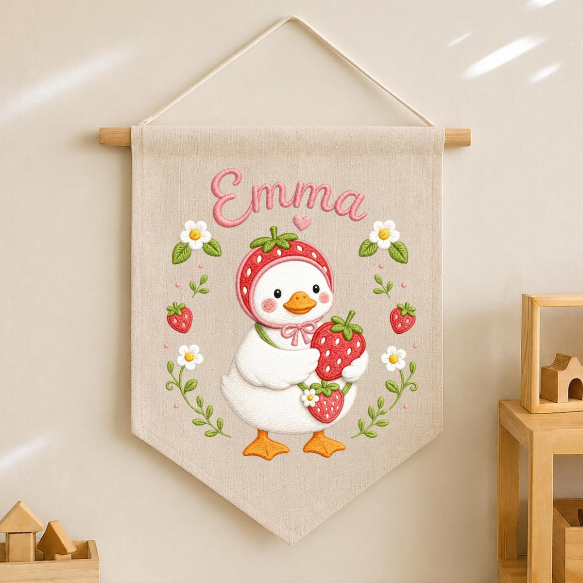 Personalized Strawberry Duck Embroidered Banner, Custom Name Nursery Wall Hanging