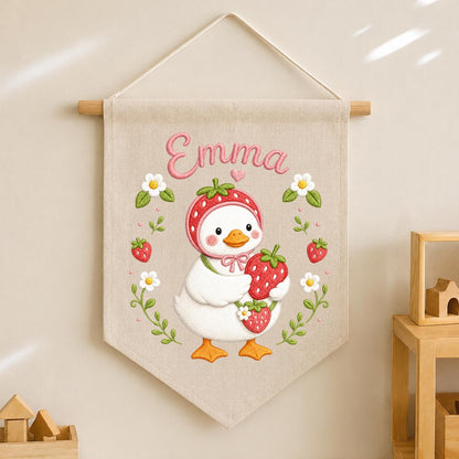 Personalized Strawberry Duck Embroidered Banner, Custom Name Nursery Wall Hanging