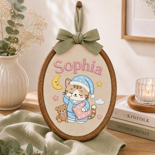 Personalized Embroidered Cat Nursery Hoop Sign, Custom Name Wooden Wall Hanging