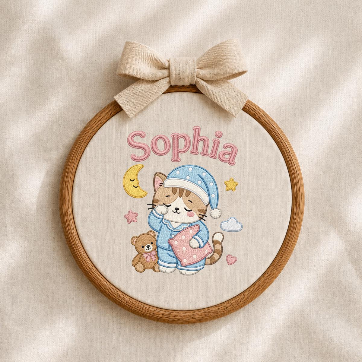 Personalized Embroidered Cat Nursery Hoop Sign, Custom Name Wooden Wall Hanging