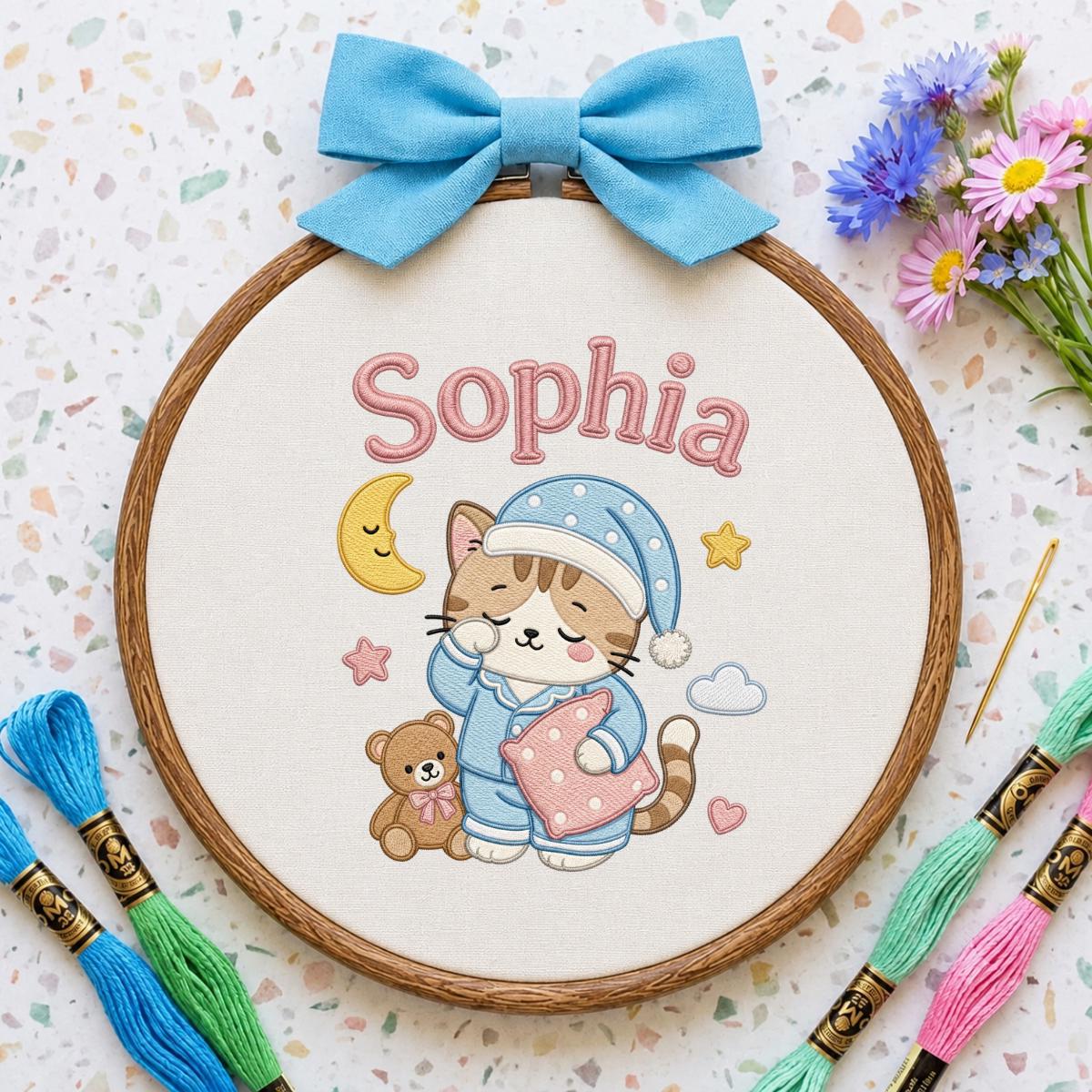 Personalized Embroidered Cat Nursery Hoop Sign, Custom Name Wooden Wall Hanging