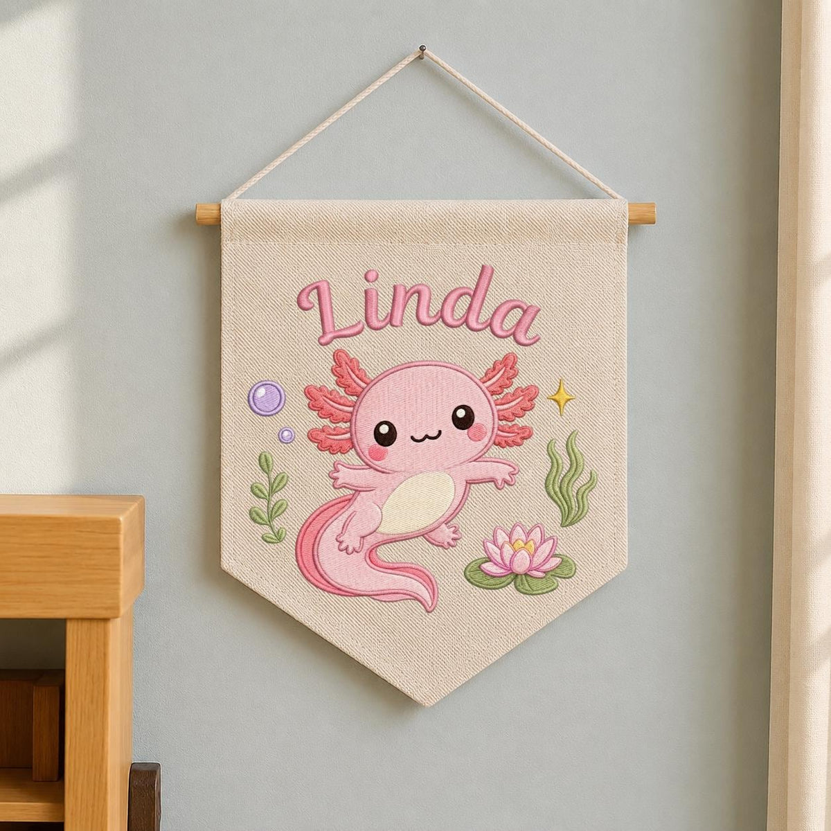 Personalized Pink Axolotl Embroidered Nursery Banner, Custom Name Canvas Wall Hanging