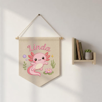 Personalized Pink Axolotl Embroidered Nursery Banner, Custom Name Canvas Wall Hanging