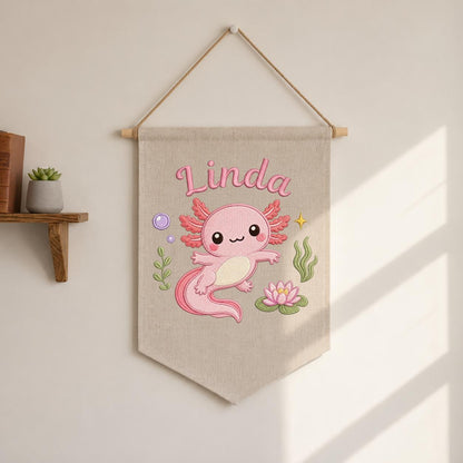 Personalized Pink Axolotl Embroidered Nursery Banner, Custom Name Canvas Wall Hanging
