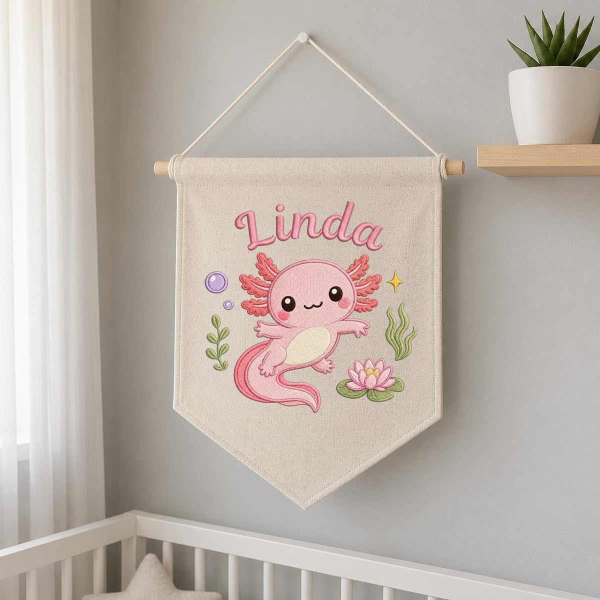 Personalized Pink Axolotl Embroidered Nursery Banner, Custom Name Canvas Wall Hanging