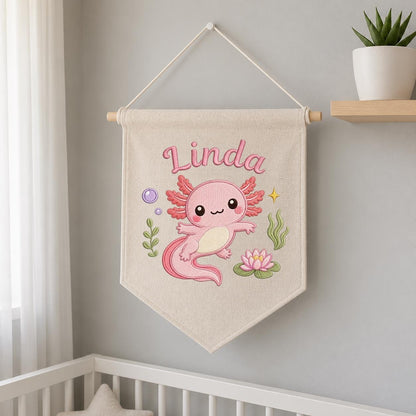 Personalized Pink Axolotl Embroidered Nursery Banner, Custom Name Canvas Wall Hanging