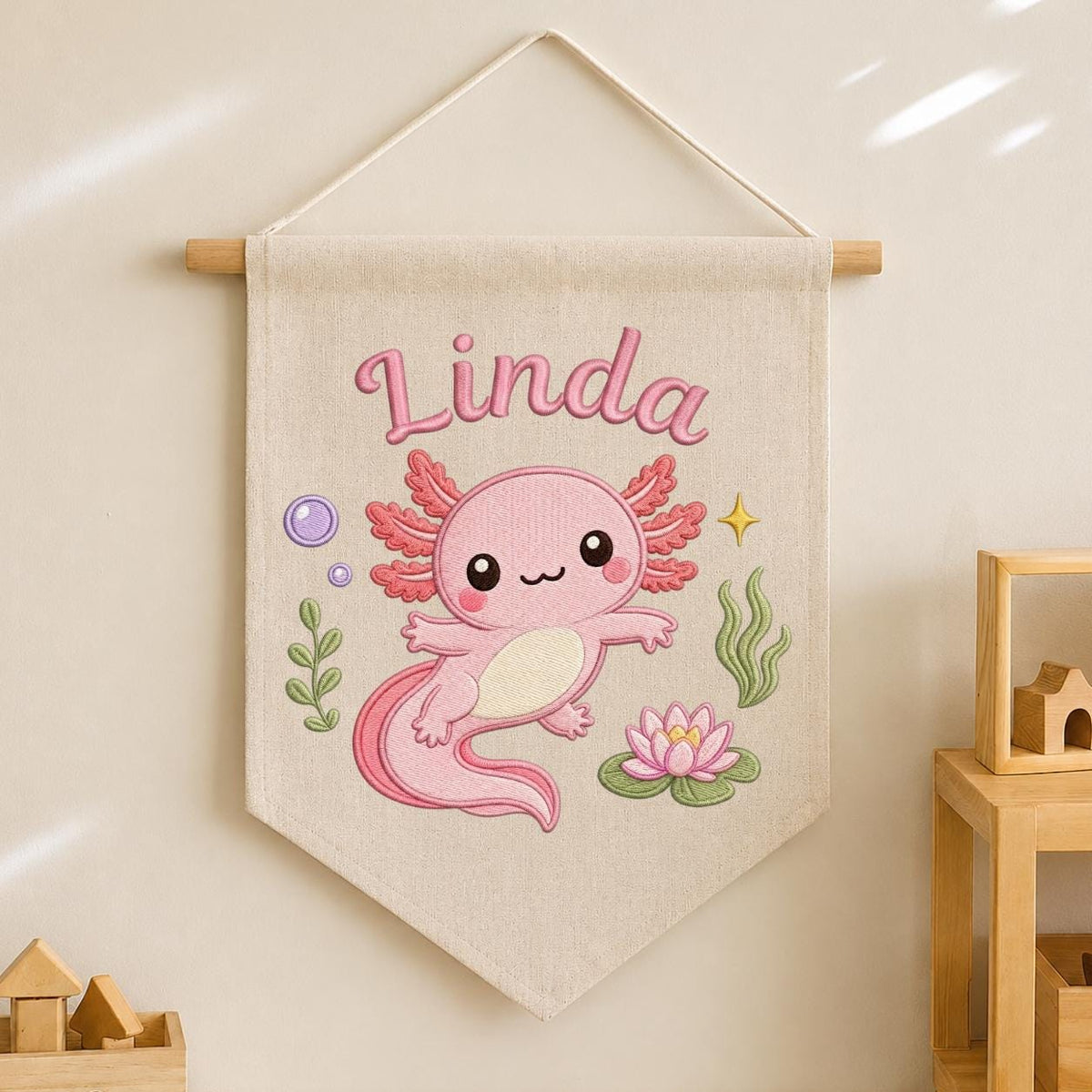 Personalized Pink Axolotl Embroidered Nursery Banner, Custom Name Canvas Wall Hanging
