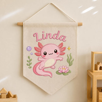 Personalized Pink Axolotl Embroidered Nursery Banner, Custom Name Canvas Wall Hanging