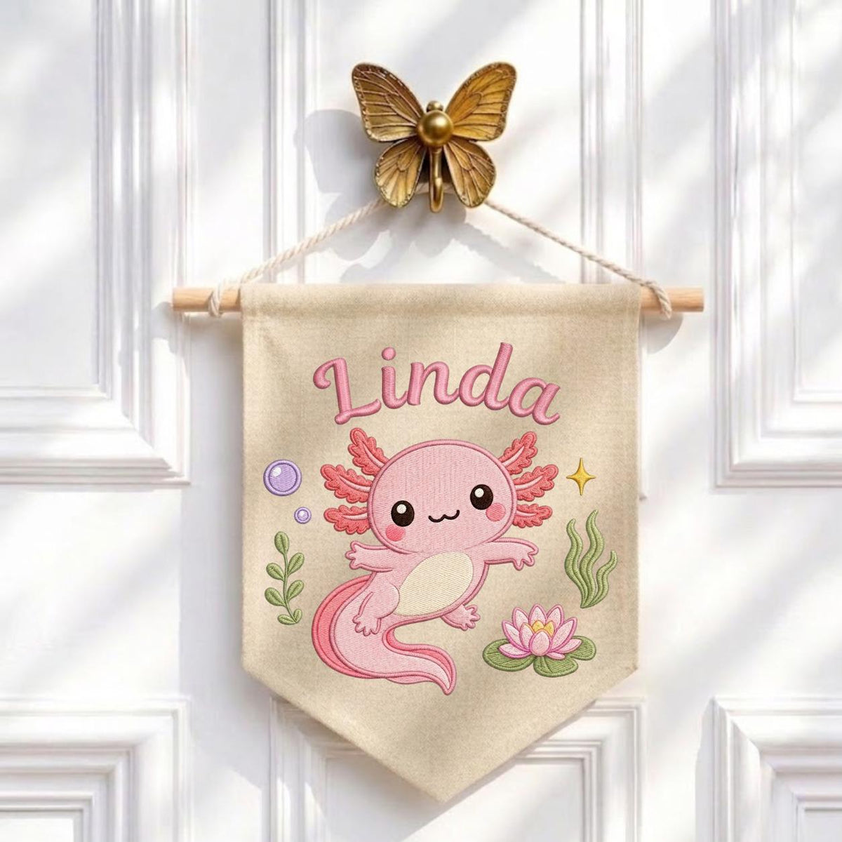 Personalized Pink Axolotl Embroidered Nursery Banner, Custom Name Canvas Wall Hanging
