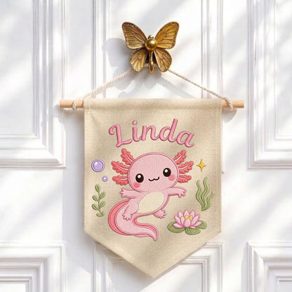 Personalized Pink Axolotl Embroidered Nursery Banner, Custom Name Canvas Wall Hanging