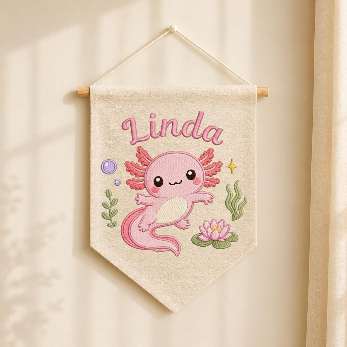 Personalized Pink Axolotl Embroidered Nursery Banner, Custom Name Canvas Wall Hanging