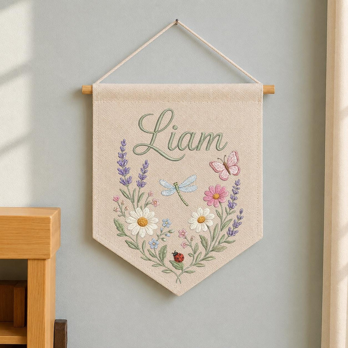 Personalized Embroidered Wildflower Name Banner, Linen Nursery Decor