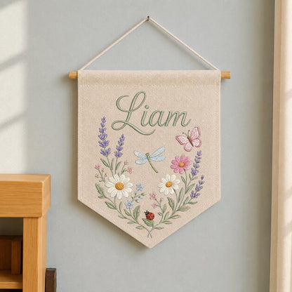 Personalized Embroidered Wildflower Name Banner, Linen Nursery Decor