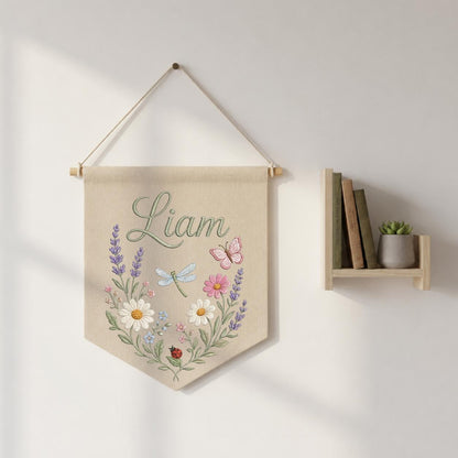 Personalized Embroidered Wildflower Name Banner, Linen Nursery Decor