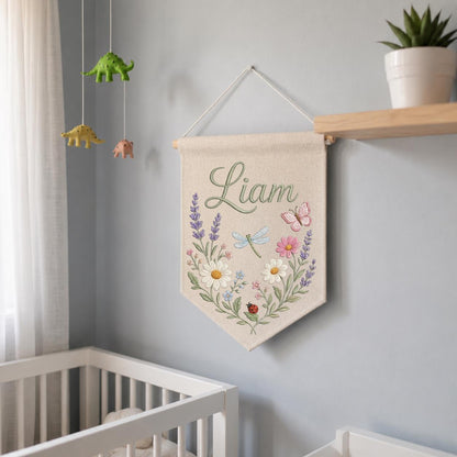Personalized Embroidered Wildflower Name Banner, Linen Nursery Decor