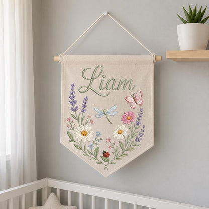 Personalized Embroidered Wildflower Name Banner, Linen Nursery Decor