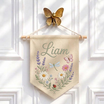 Personalized Embroidered Wildflower Name Banner, Linen Nursery Decor