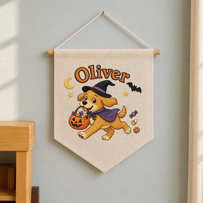 Personalized Halloween Puppy Banner, Custom Embroidered Name Canvas Pennant