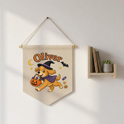 Personalized Halloween Puppy Banner, Custom Embroidered Name Canvas Pennant