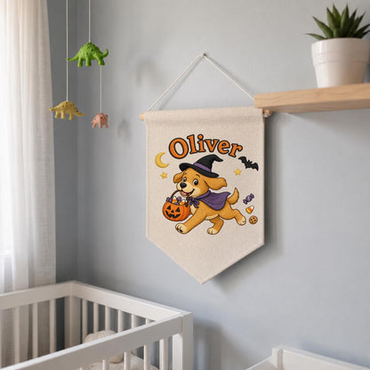 Personalized Halloween Puppy Banner, Custom Embroidered Name Canvas Pennant