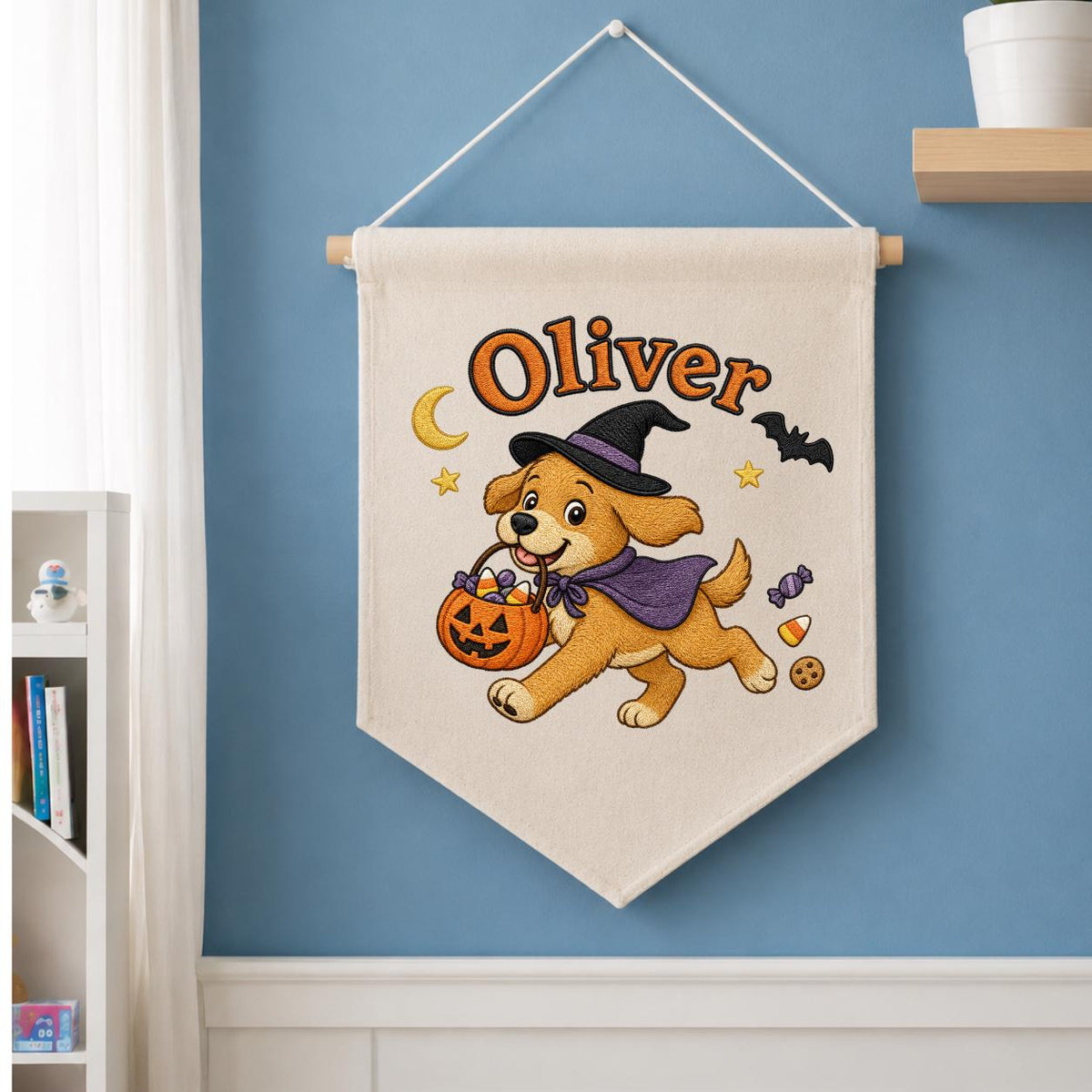 Personalized Halloween Puppy Banner, Custom Embroidered Name Canvas Pennant