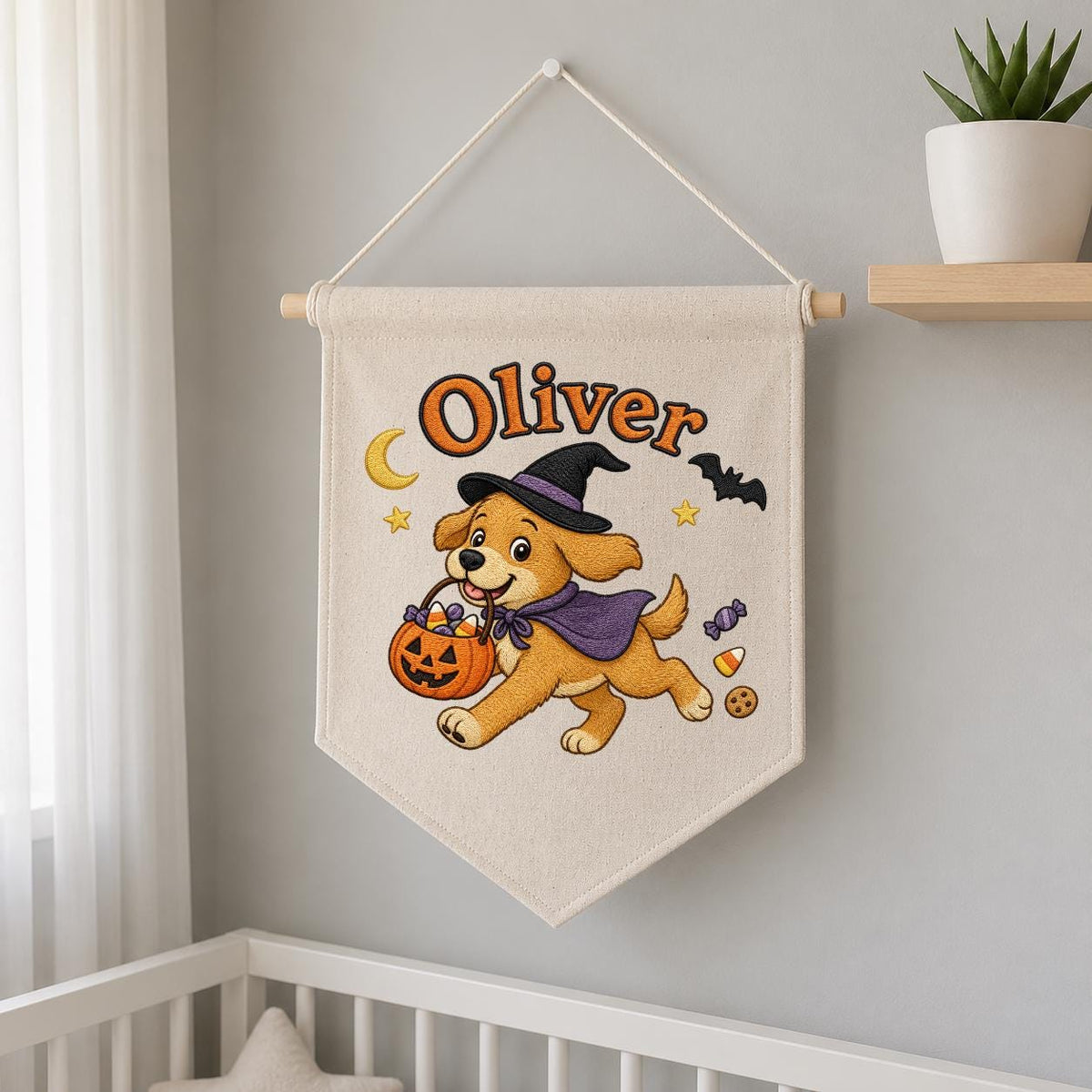 Personalized Halloween Puppy Banner, Custom Embroidered Name Canvas Pennant