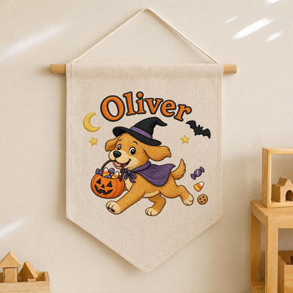 Personalized Halloween Puppy Banner, Custom Embroidered Name Canvas Pennant