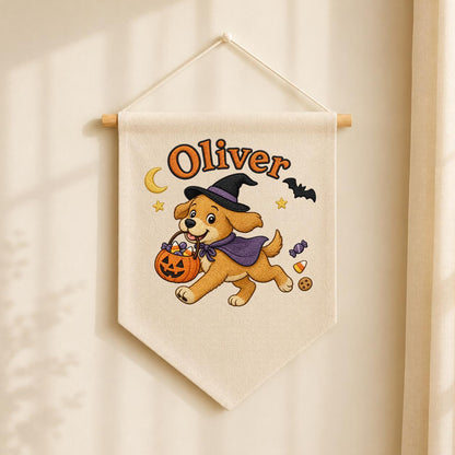 Personalized Halloween Puppy Banner, Custom Embroidered Name Canvas Pennant