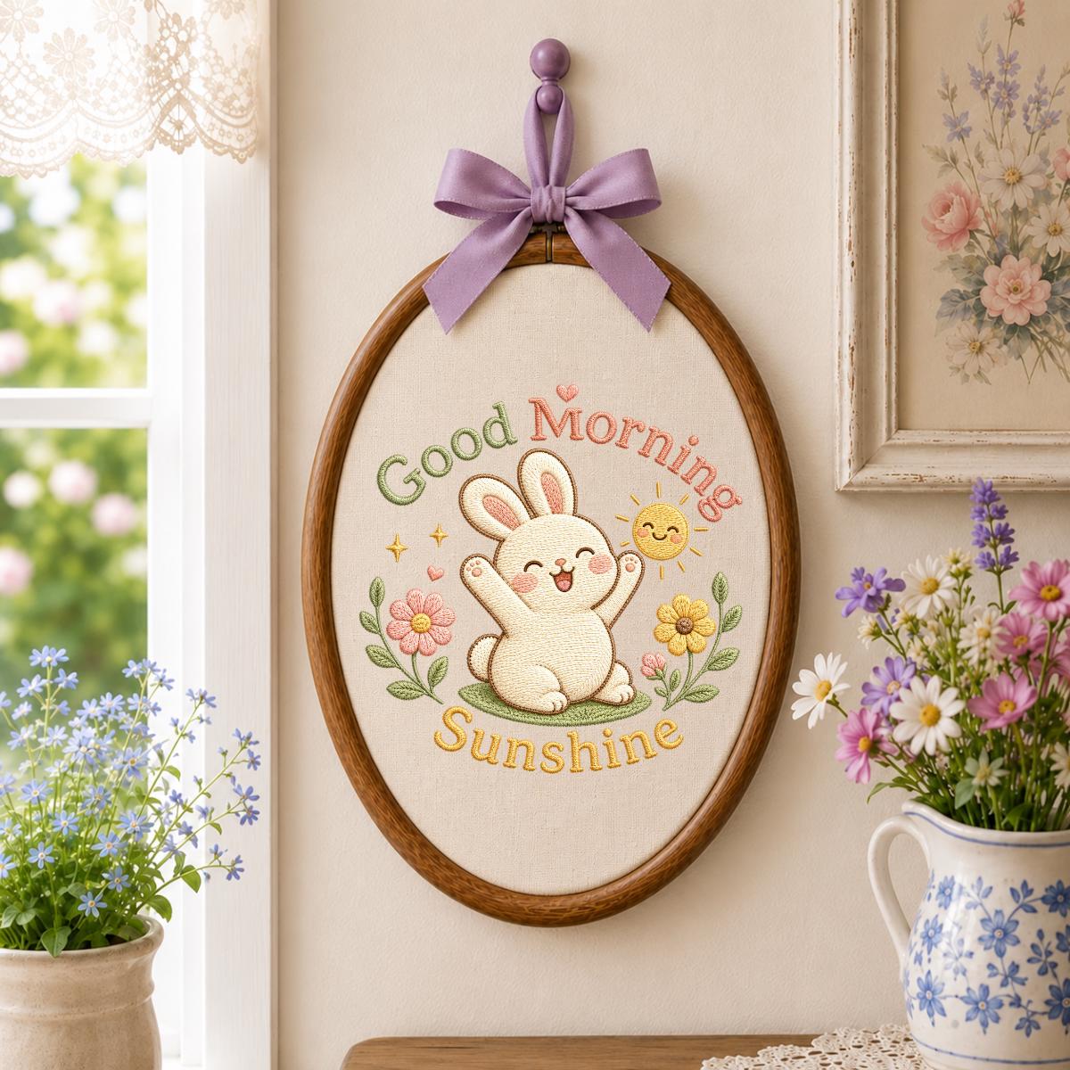 Embroidered Bunny Hoop Art, Floral Sun Nursery Decor, Linen Wall Hanging