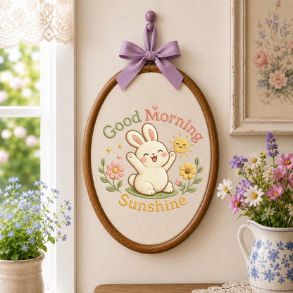 Embroidered Bunny Hoop Art, Floral Sun Nursery Decor, Linen Wall Hanging
